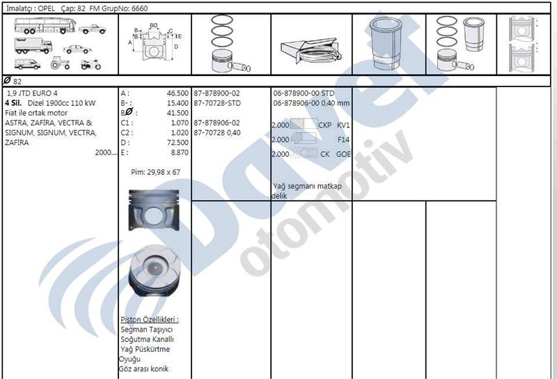 GOETZE 68789000G Motor Segman Set Astra H-Zafira B-Vectra C 1.9 Jtd Euro4 82.00mm Std